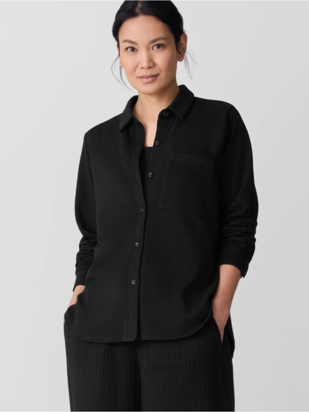Eileen Fisher Lightweight Organic Cotton Terry Classic Collar Button Up Shirt